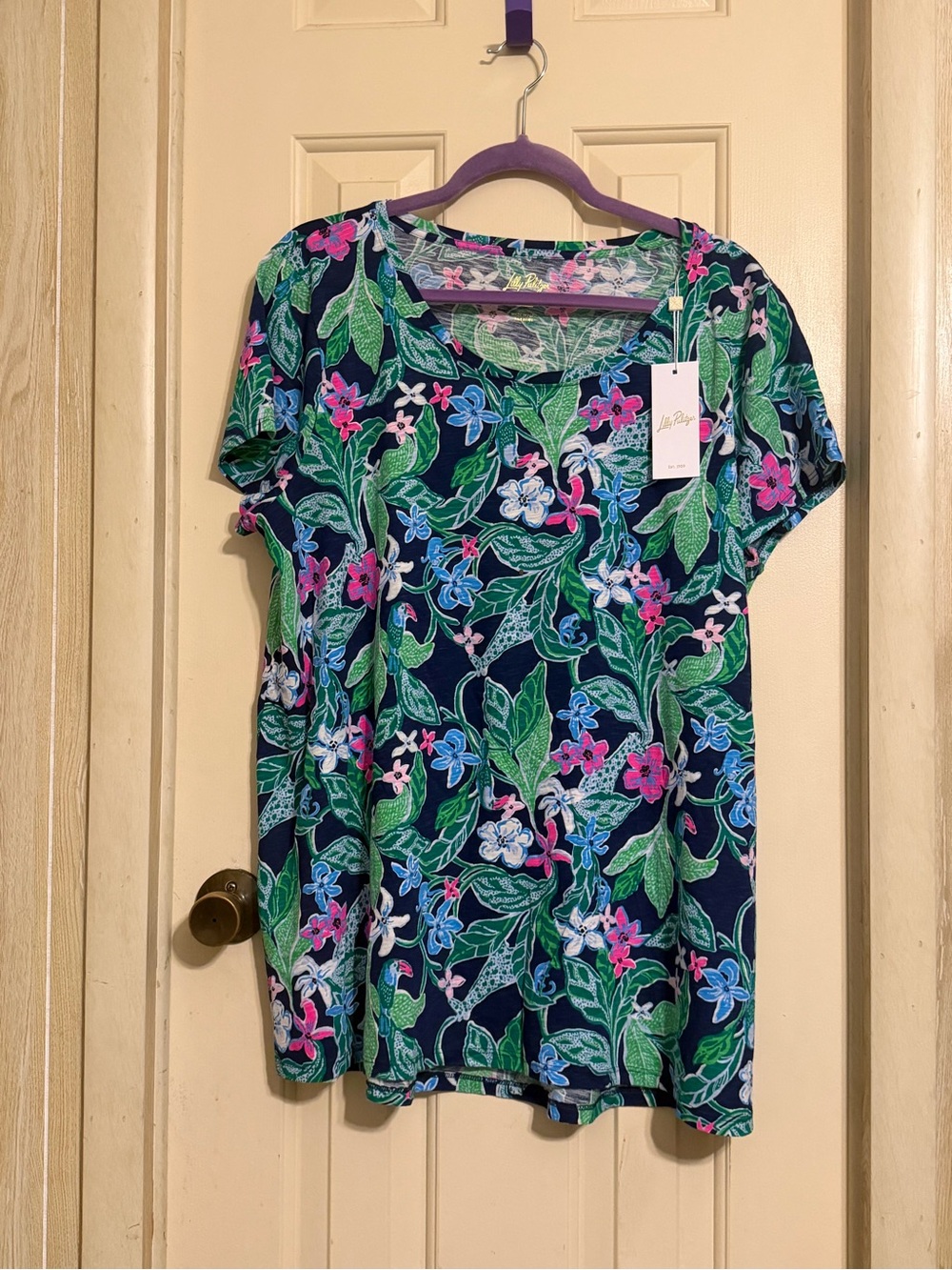 Lilly Pulitzer Scoop Neck Women's Top - Navy with Green & Pink Floral